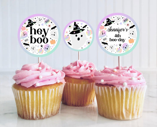 Editable Pastel Halloween Birthday Cupcake Toppers, Holographic Halloween Cake Toppers, Pastel Halloween, Template, Printable, PHBP02