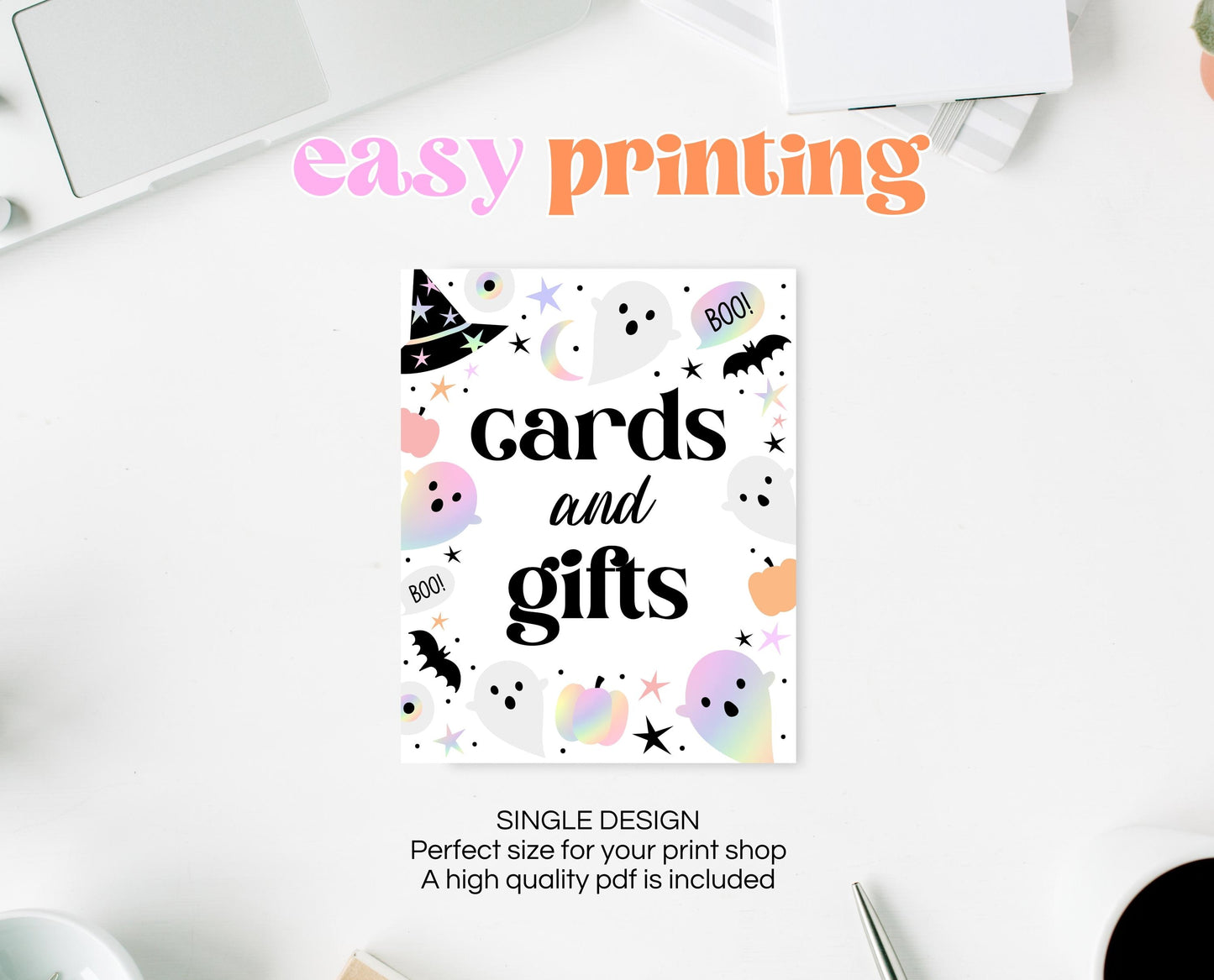 Cards And Gifts Sign Pastel Halloween Birthday, Holographic Halloween Sign, Spooky Sign, Pink And Purple Halloween Decor, Printable, PHBP02