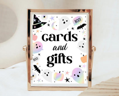 Cards And Gifts Sign Pastel Halloween Birthday, Holographic Halloween Sign, Spooky Sign, Pink And Purple Halloween Decor, Printable, PHBP02