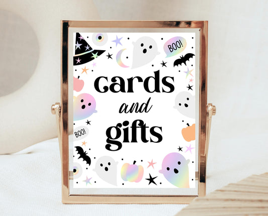 Cards And Gifts Sign Pastel Halloween Birthday, Holographic Halloween Sign, Spooky Sign, Pink And Purple Halloween Decor, Printable, PHBP02