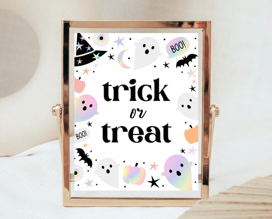 Trick Or Treat Sign Pastel Halloween Birthday, Holographic Halloween Sign, Spooky Sign, Pink And Purple Halloween Decor, Printable, PHBP02
