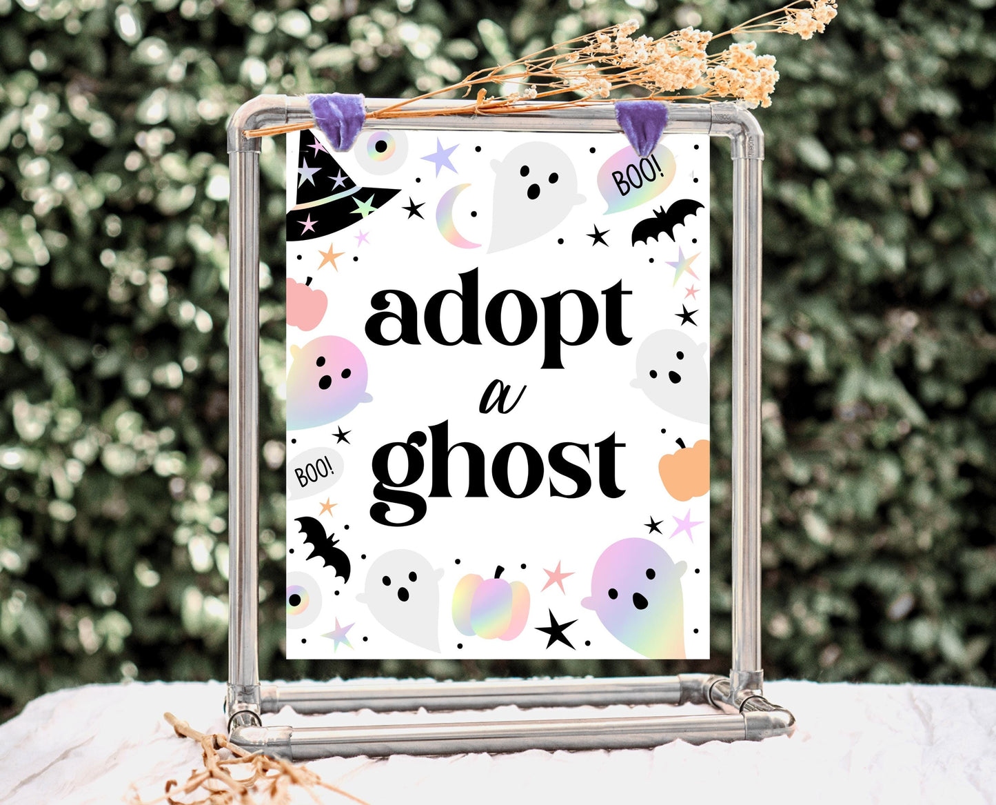 Adopt A Ghost Sign Pastel Halloween Birthday, Holographic Halloween Sign, Spooky Sign, Pink And Purple Halloween Decor, Printable, PHBP02