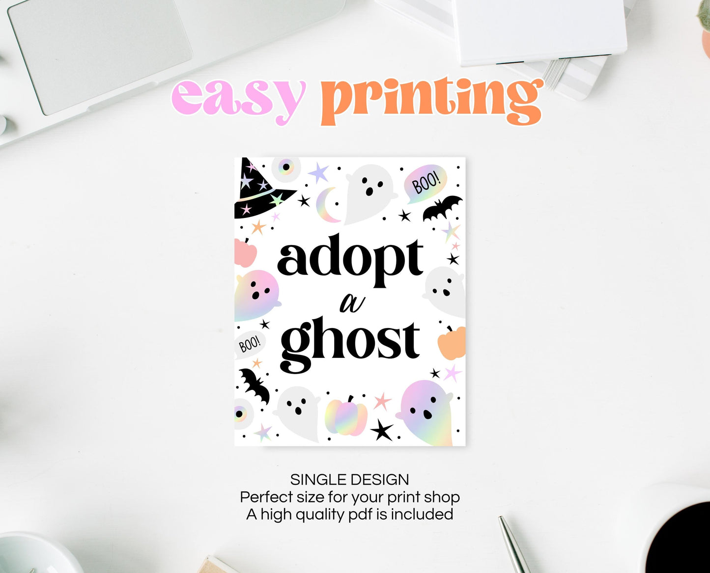 Adopt A Ghost Sign Pastel Halloween Birthday, Holographic Halloween Sign, Spooky Sign, Pink And Purple Halloween Decor, Printable, PHBP02