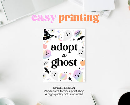 Adopt A Ghost Sign Pastel Halloween Birthday, Holographic Halloween Sign, Spooky Sign, Pink And Purple Halloween Decor, Printable, PHBP02