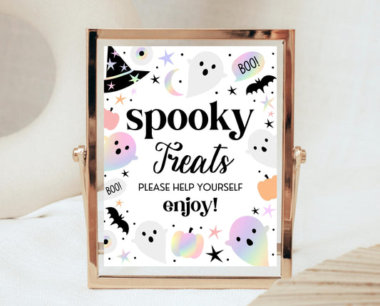 Spooky Treats Sign Pastel Halloween Birthday, Holographic Halloween Sign, Spooky Sign, Pink And Purple Halloween Decor, Printable, PHBP02