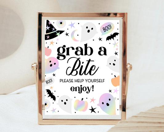 Grab A Bite Sign Pastel Halloween Birthday, Holographic Halloween Sign, Food Sign, Pink And Purple Halloween Decor, Printable, PHBP02