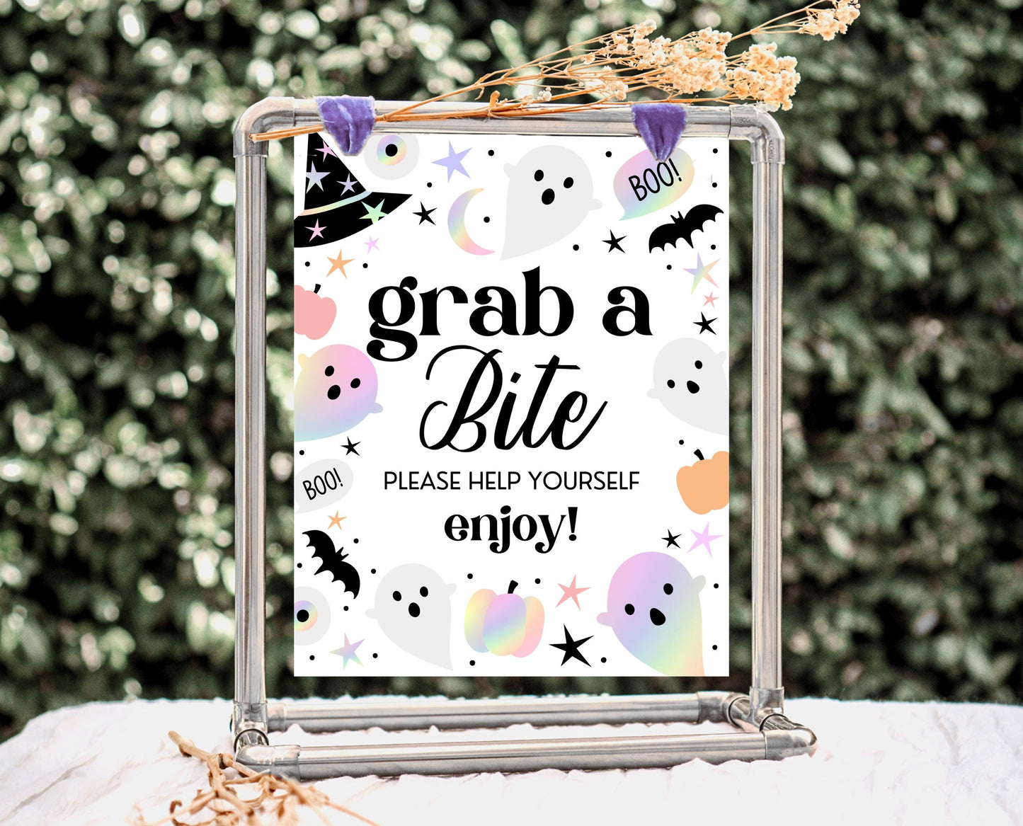 Grab A Bite Sign Pastel Halloween Birthday, Holographic Halloween Sign, Food Sign, Pink And Purple Halloween Decor, Printable, PHBP02