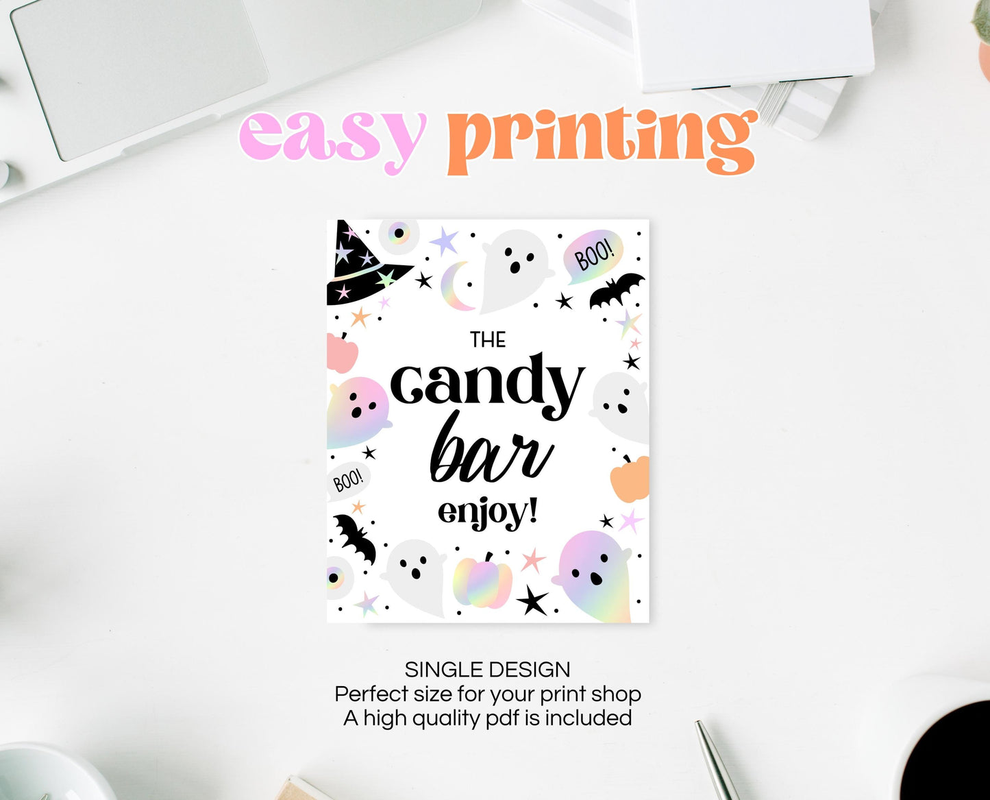 Candy Bar Sign Pastel Halloween Birthday, Holographic Halloween Sign, Candy Treat Sign, Pink And Purple Halloween Decor, Printable, PHBP02