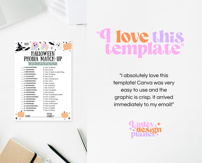Halloween Phobia Match-Up Game Template, Halloween Trivia, Halloween Party Game, Halloween Fun Games, Halloween Family Party Game