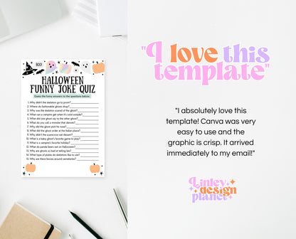 Halloween Joke Quiz Game Template, Halloween Jokes, Halloween Party Jokes, Halloween Fun Quizzes, Printable Halloween Family Party Game