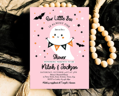 Editable Halloween Girl Baby Shower Invitation, A Little Boo Is Almost Due Baby Shower Invitation, Halloween Ghost Baby Shower Template