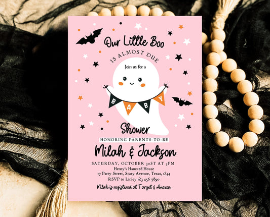 Editable Halloween Girl Baby Shower Invitation, A Little Boo Is Almost Due Baby Shower Invitation, Halloween Ghost Baby Shower Template