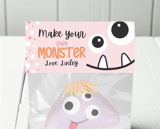 Editable Build A Monster Bag Topper, Build A Monster Favor Tag, Trick or Treat Kids School Gift, Pink Monster Bag Label, Template, Printable