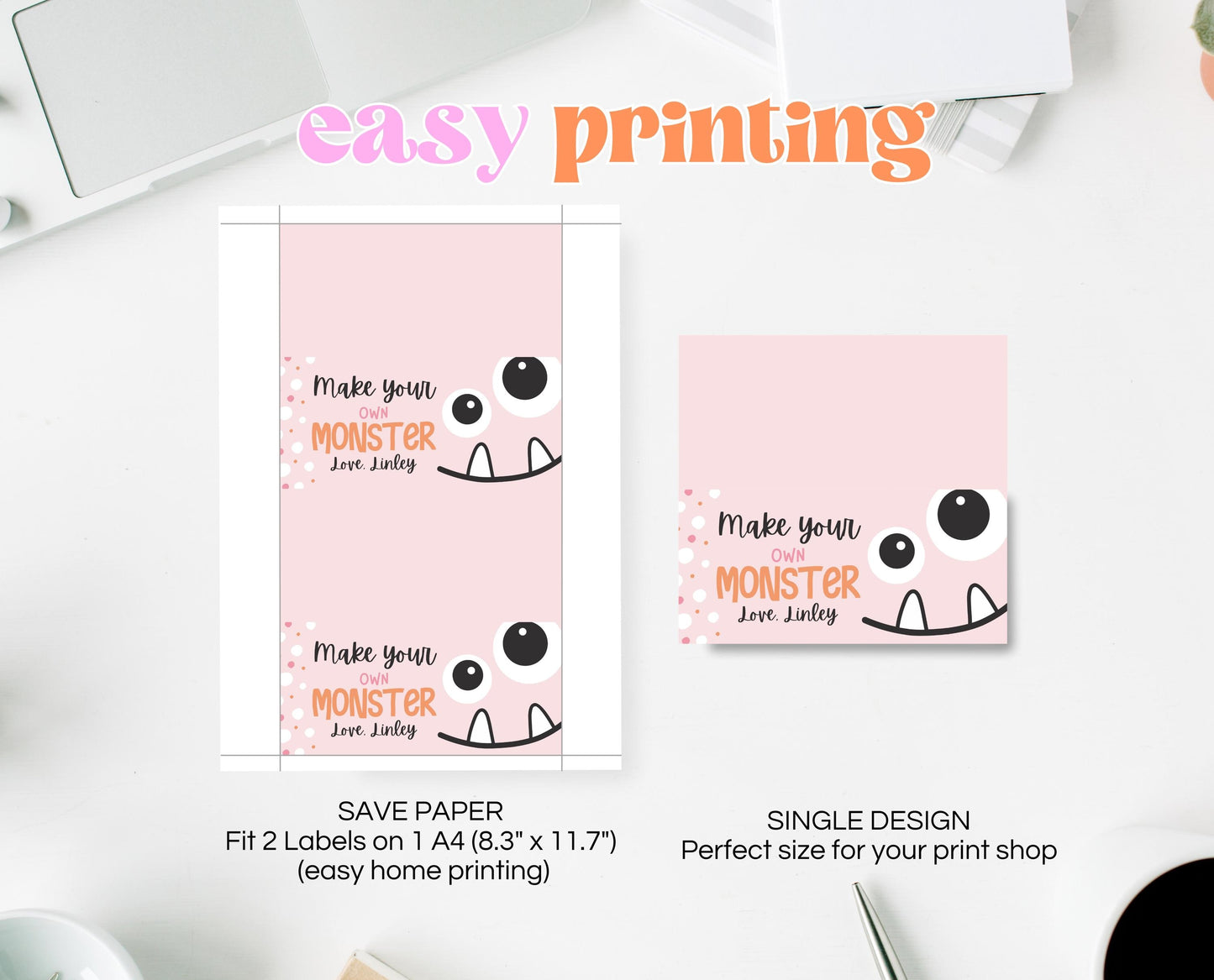 Editable Build A Monster Bag Topper, Build A Monster Favor Tag, Trick or Treat Kids School Gift, Pink Monster Bag Label, Template, Printable