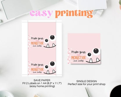 Editable Build A Monster Bag Topper, Build A Monster Favor Tag, Trick or Treat Kids School Gift, Pink Monster Bag Label, Template, Printable