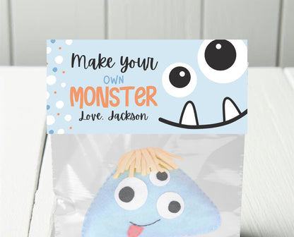 Editable Build A Monster Bag Topper, Build A Monster Favor Tag, Trick or Treat Kids School Gift, Blue Monster Bag Label, Template, Printable