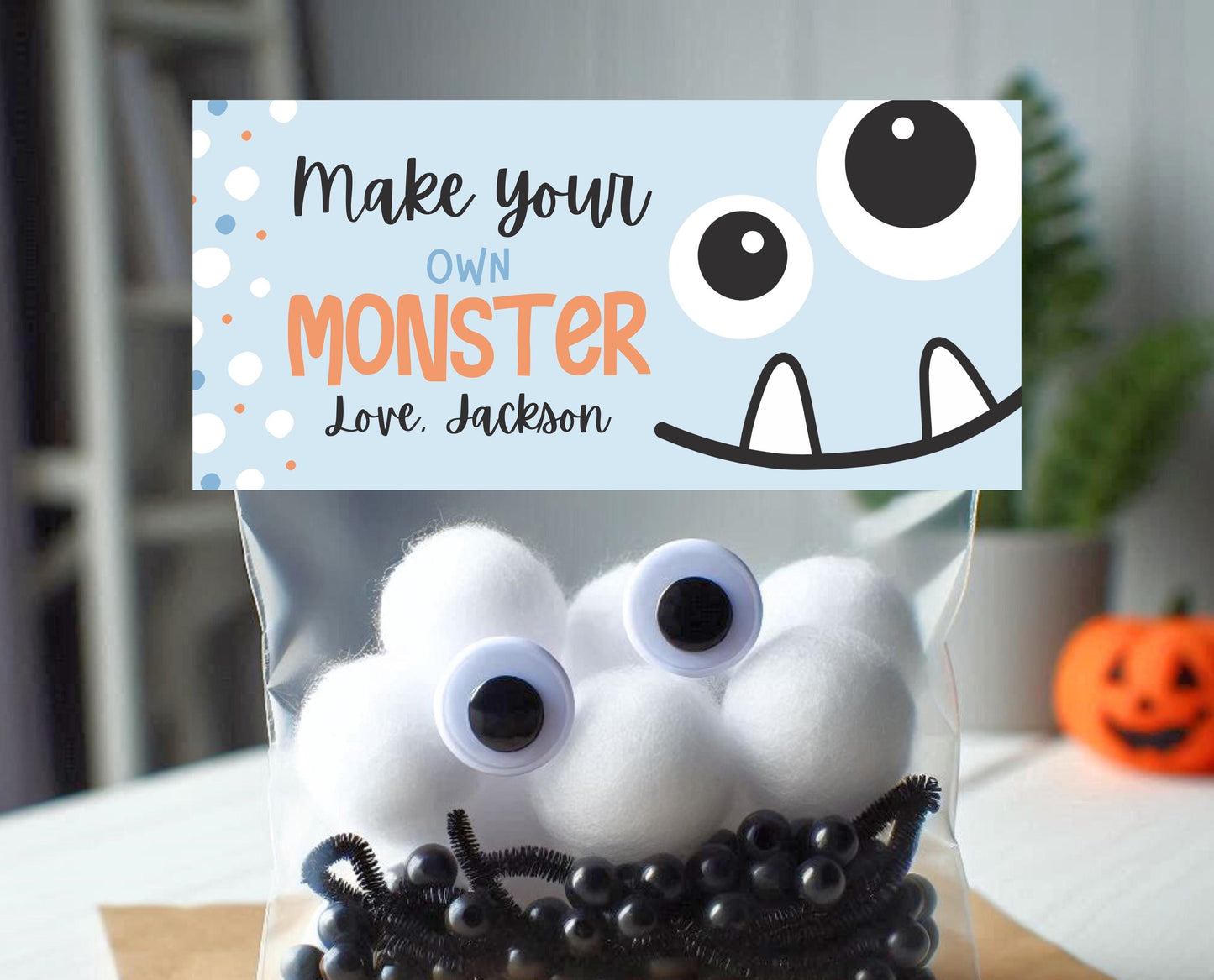 Editable Build A Monster Bag Topper, Build A Monster Favor Tag, Trick or Treat Kids School Gift, Blue Monster Bag Label, Template, Printable