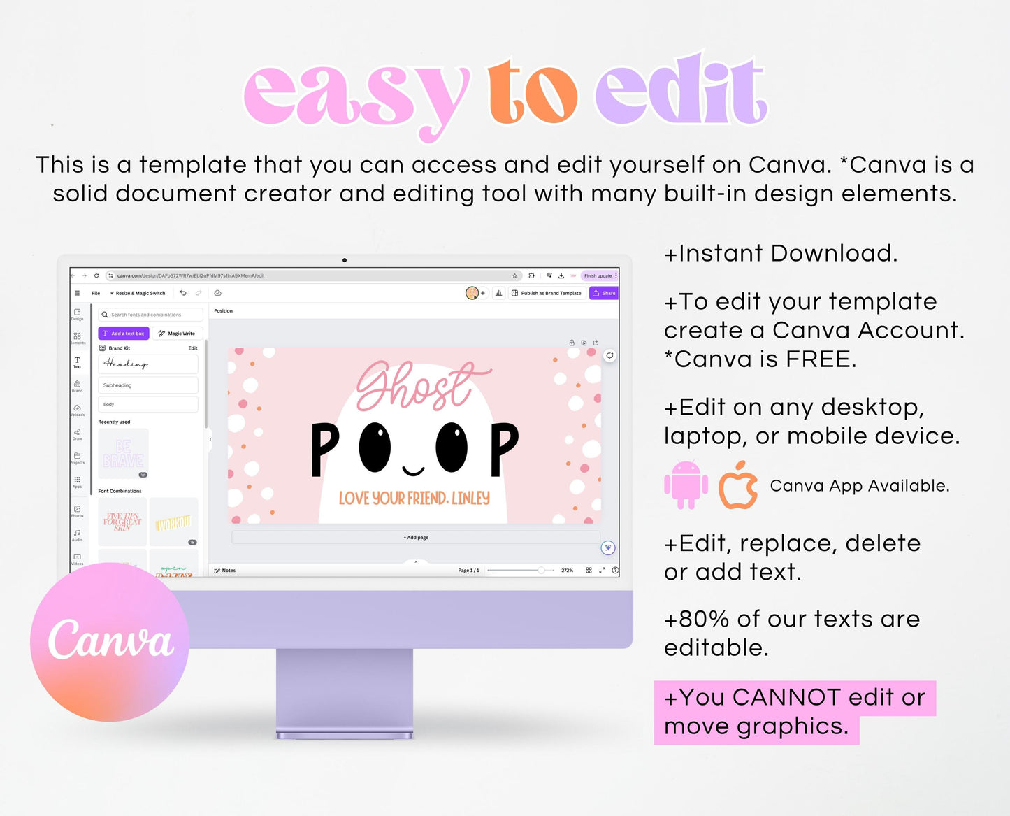 Editable Ghost Poop Bag Topper, Pink Girl Ghost Favor Tag, Trick or Treat Kids School Gift, Pink Marshmallows Bag Label, Template, Printable