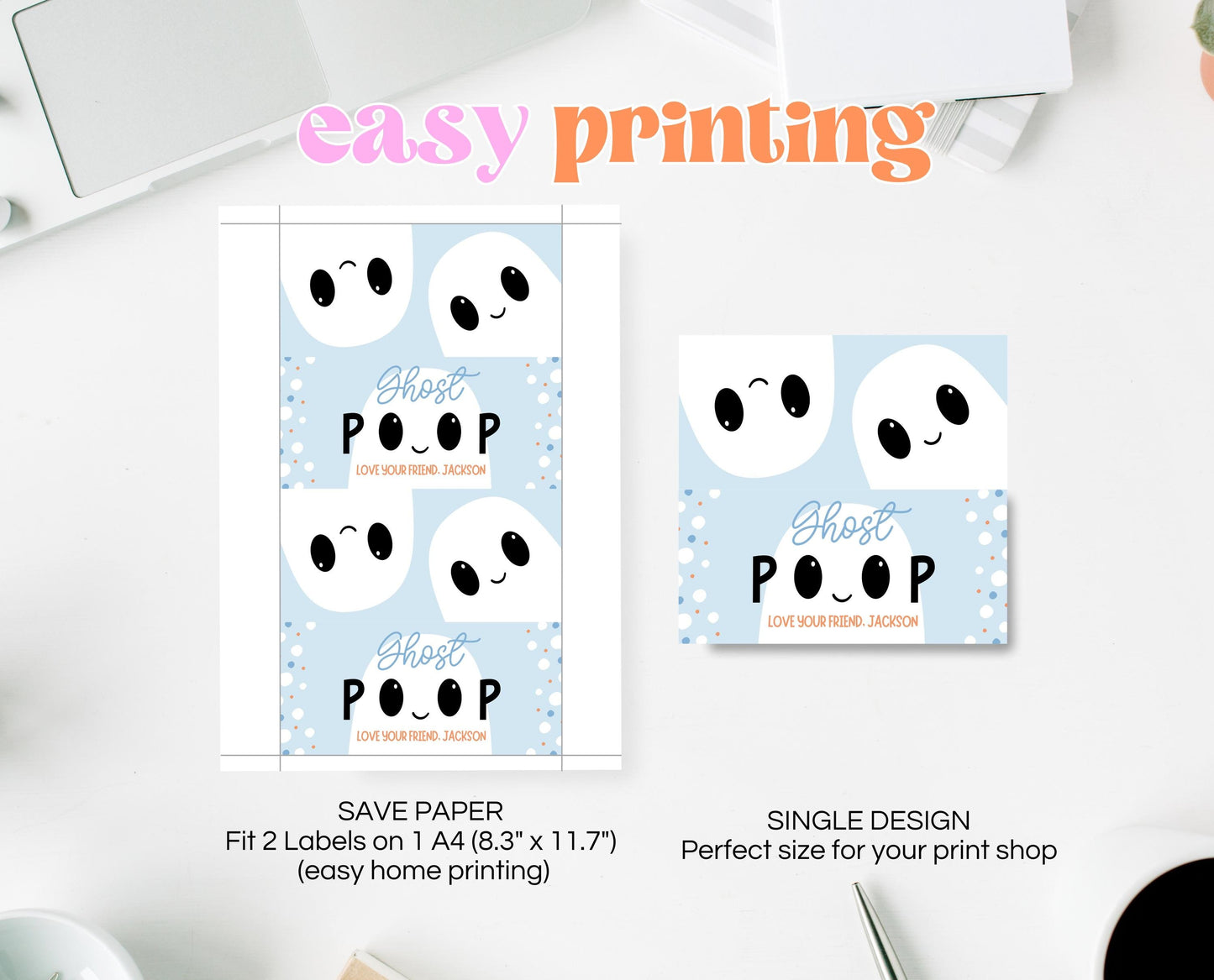 Editable Ghost Poop Bag Topper, Blue Boy Ghost Favor Tag, Trick or Treat Kids School Gift, Blue Marshmallows Bag Label, Template, Printable