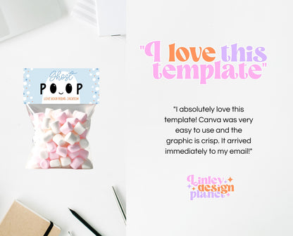 Editable Ghost Poop Bag Topper, Blue Boy Ghost Favor Tag, Trick or Treat Kids School Gift, Blue Marshmallows Bag Label, Template, Printable