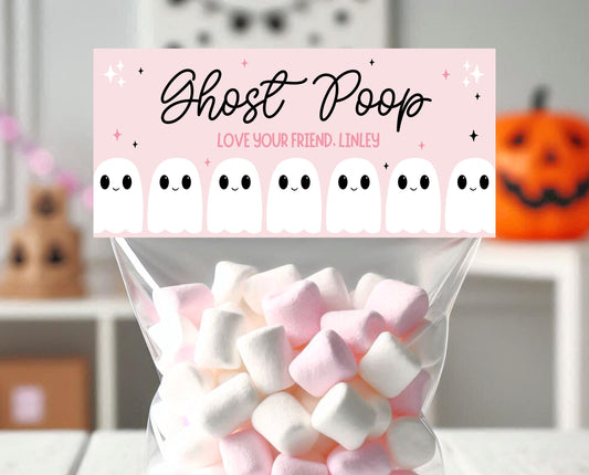 Editable Ghost Poop Bag Topper, Pink Girl Ghost Favor Tag, Trick or Treat Kids School Gift, Pink Marshmallows Bag Label, Template, Printable