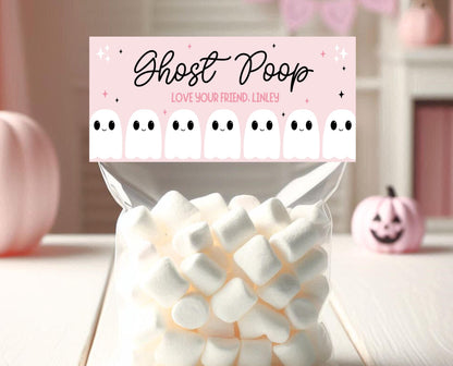 Editable Ghost Poop Bag Topper, Pink Girl Ghost Favor Tag, Trick or Treat Kids School Gift, Pink Marshmallows Bag Label, Template, Printable