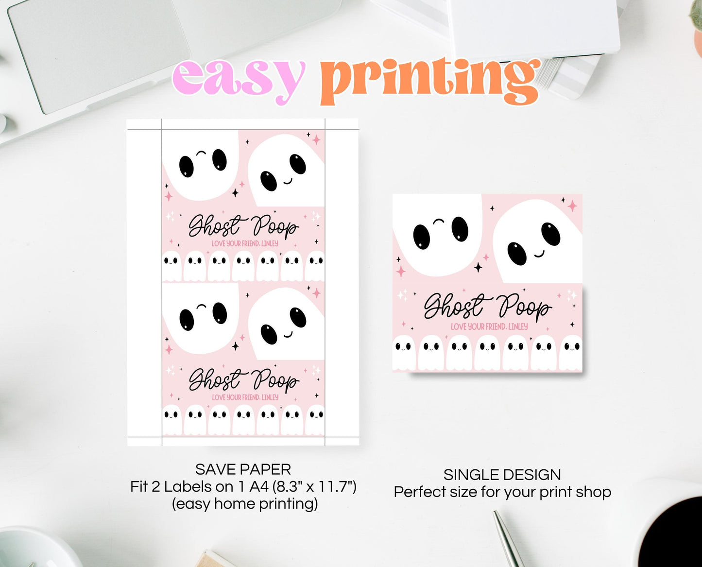 Editable Ghost Poop Bag Topper, Pink Girl Ghost Favor Tag, Trick or Treat Kids School Gift, Pink Marshmallows Bag Label, Template, Printable