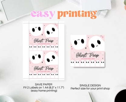 Editable Ghost Poop Bag Topper, Pink Girl Ghost Favor Tag, Trick or Treat Kids School Gift, Pink Marshmallows Bag Label, Template, Printable