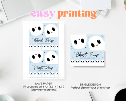 Editable Ghost Poop Bag Topper, Blue Boy Ghost Favor Tag, Trick or Treat Kids School Gift, Blue Marshmallows Bag Label, Template, Printable