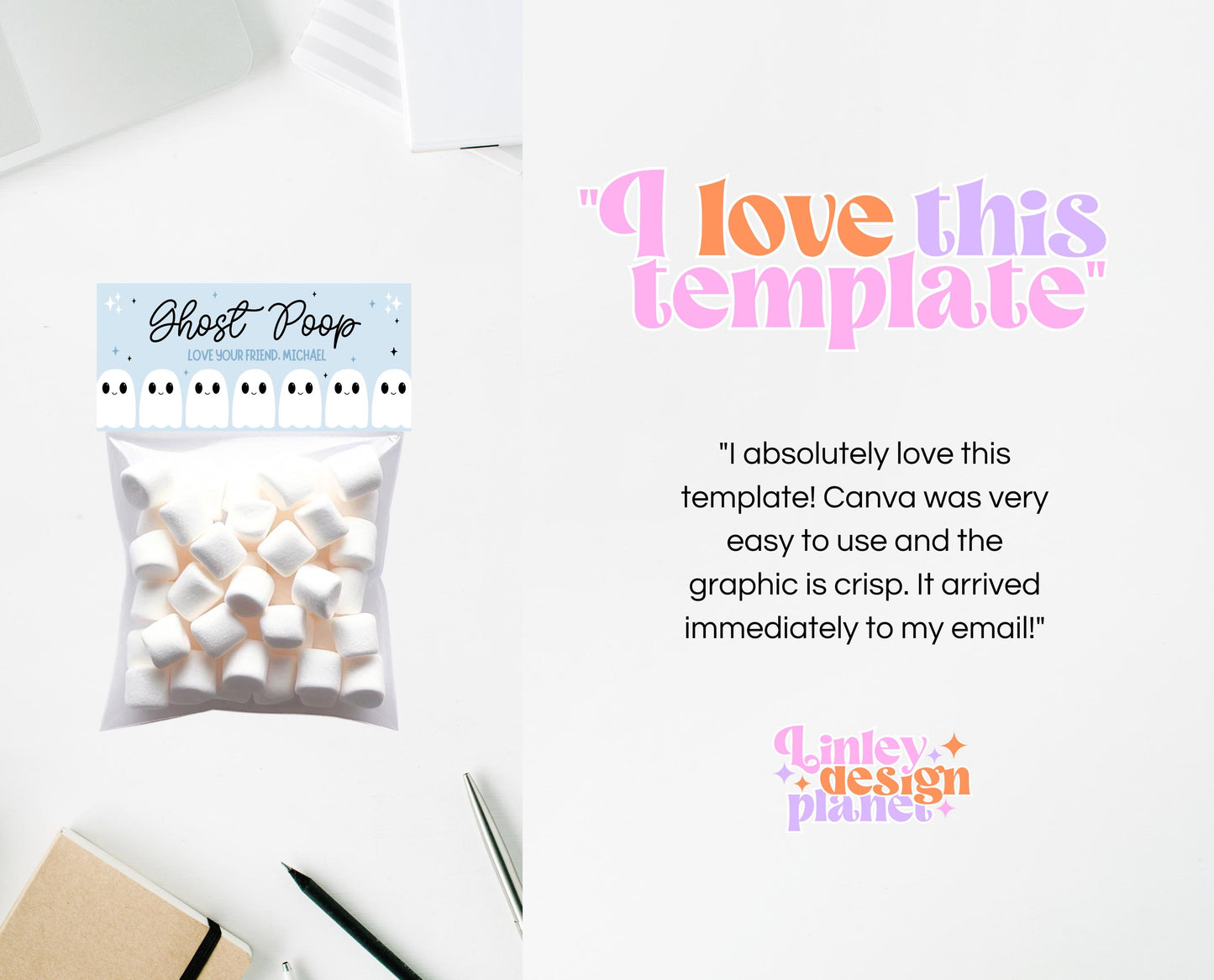 Editable Ghost Poop Bag Topper, Blue Boy Ghost Favor Tag, Trick or Treat Kids School Gift, Blue Marshmallows Bag Label, Template, Printable
