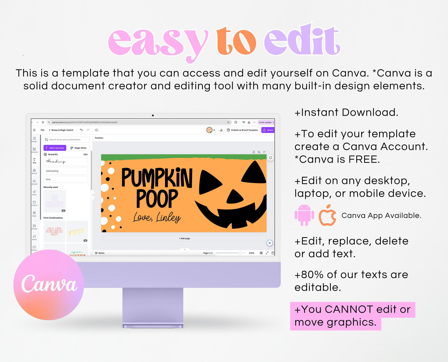 Editable Pumpkin Poop Bag Topper, Halloween Favor Tag, Trick or Treat Kids School Gift, Chip Bag Label, Pumpkin Bag, Template, Printable