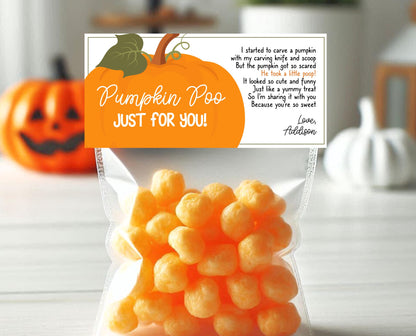 Editable Pumpkin Poop Bag Topper, Halloween Favor Tag, Trick or Treat Kids School Gift, Chip Bag Label, Pumpkin Bag, Template, Printable