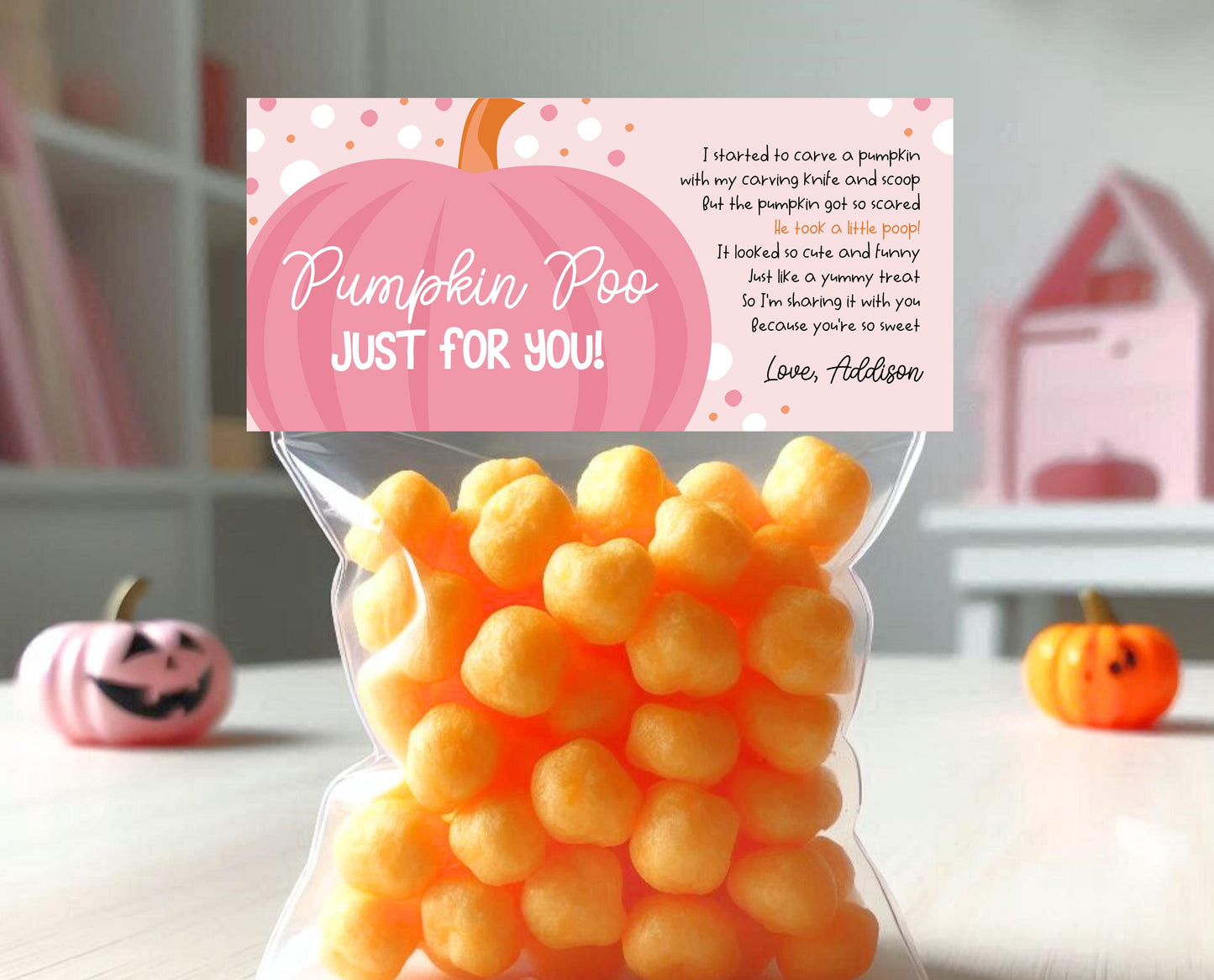 Editable Pumpkin Poop Bag Topper, Halloween Favor Tag, Trick or Treat Kids School Gift, Chip Bag, Pink Pumpkin Bag, Template, Printable