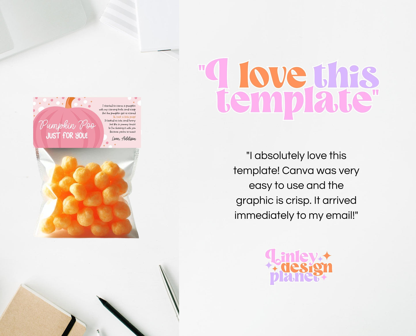 Editable Pumpkin Poop Bag Topper, Halloween Favor Tag, Trick or Treat Kids School Gift, Chip Bag, Pink Pumpkin Bag, Template, Printable