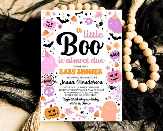 Editable Pink Halloween Baby Shower Invitation, A Little Boo Is Almost Due Baby Shower Invitation, Halloween Baby Shower Template