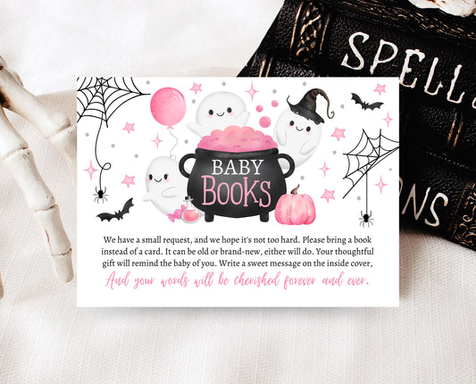 Editable Pink Halloween Baby Book Insert Card, Pink Witch Baby Shower Baby Books, Girl A Little Boo Is Almost Due Book Request Card, HBSC08