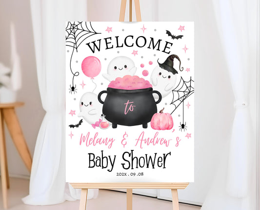 Editable Little Boo Baby Shower Welcome Sign, Pink Ghost Girl Baby Shower Welcome Poster, Halloween Pink Sign, Boy Ghost Baby Shower, HBSC08