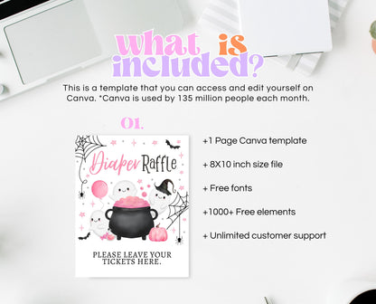 Diaper Raffle Sign Halloween Baby Shower, Pink Baby Shower Game, Printable Halloween Sign, A Little Boo Is Almost Due Baby Shower, HBSC08
