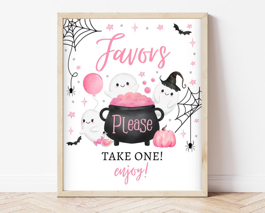 Favors Sign Halloween Baby Shower, Pink Halloween Baby Shower Sign, Printable Halloween Sign, A Little Boo Is Almost Due Baby Shower, HBSC08