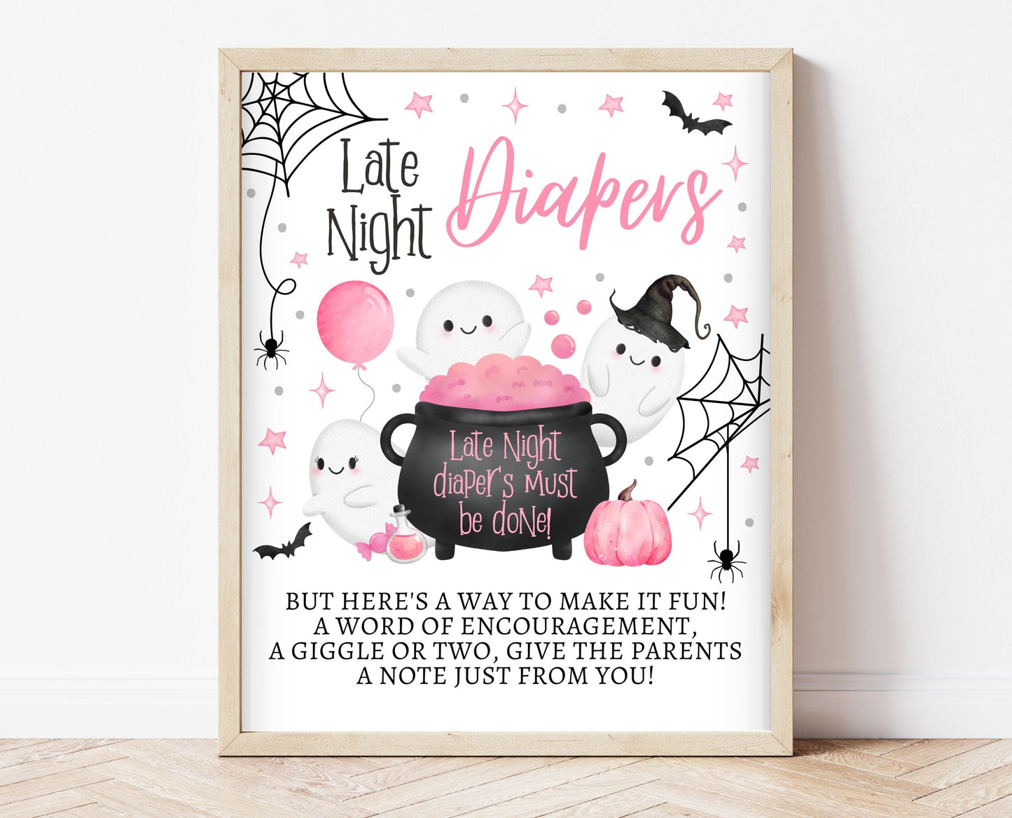 Late Night Diapers Sign Halloween Baby Shower, Pink Halloween Baby Shower, Printable Sign, A Little Boo Is Almost Due Baby Shower, HBSC08