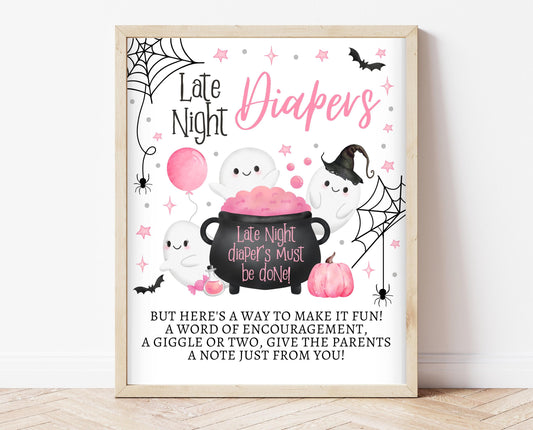 Late Night Diapers Sign Halloween Baby Shower, Pink Halloween Baby Shower, Printable Sign, A Little Boo Is Almost Due Baby Shower, HBSC08