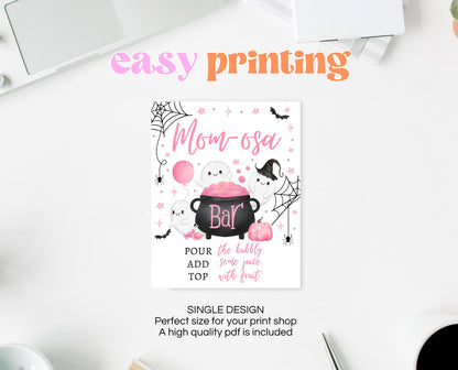 Mom-osa Sign Halloween Baby Shower, Girl Baby Shower Mimosa Sign, Printable Halloween Sign, A Little Boo Is Almost Due Baby Shower, HBSC08