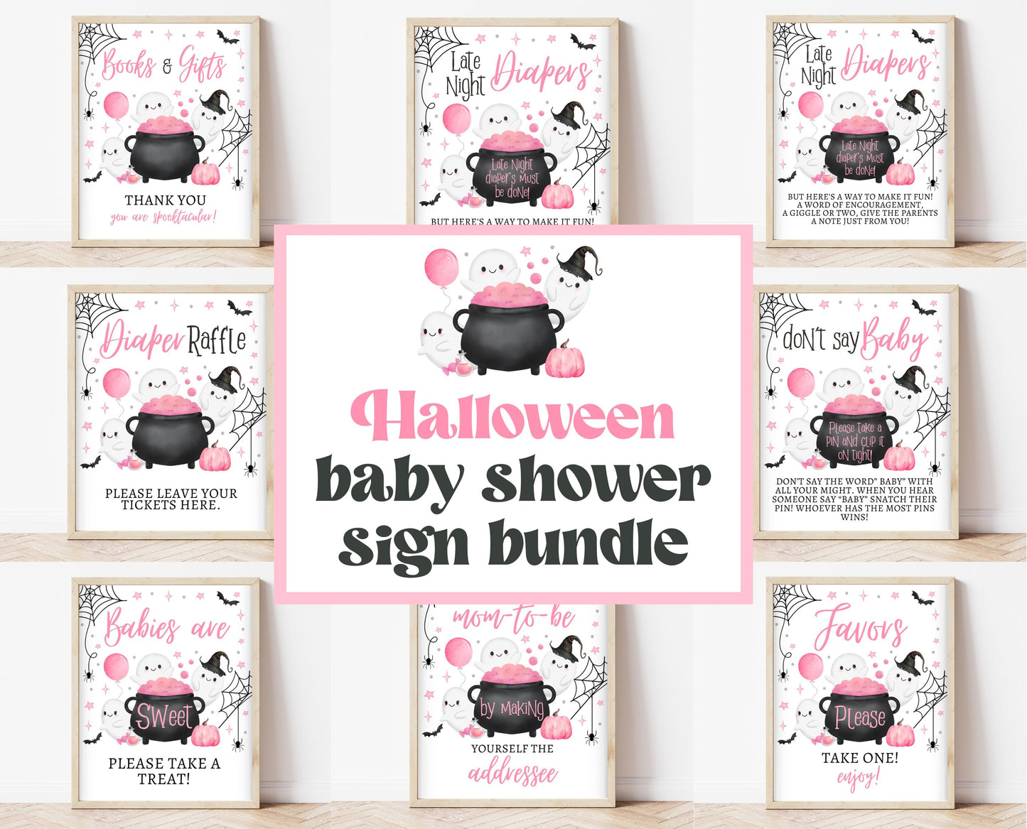 Editable A Little Boo Is Almost Due Halloween Baby Shower Sign Bundle, Halloween Baby Shower Sign Set, Printable Pink Halloween Sign, HBSC08