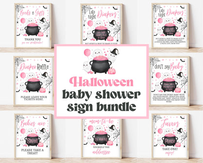 Editable A Little Boo Is Almost Due Halloween Baby Shower Sign Bundle, Halloween Baby Shower Sign Set, Printable Pink Halloween Sign, HBSC08