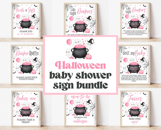 Editable A Little Boo Is Almost Due Halloween Baby Shower Sign Bundle, Halloween Baby Shower Sign Set, Printable Pink Halloween Sign, HBSC08