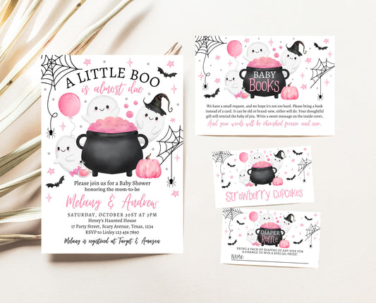 Editable A Little Boo Is Almost Due Halloween Baby Shower Invitation Bundle, Pink Halloween Baby Shower Invitation, Pink Baby Shower, HBSC08