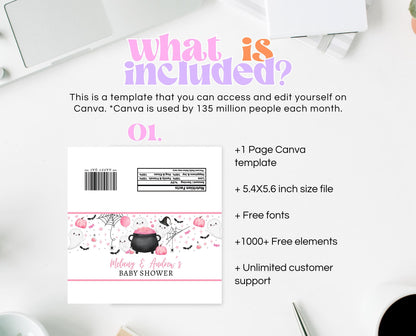 Editable Pink Halloween Baby Shower Chocolate Wrapper, Pink Witch Candy Bar Label, Girl A Little Boo Is Almost Due Chocolate Label, HBSC08