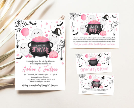 Editable A Baby Is Brewing Halloween Baby Shower Invitation Bundle, Pink Halloween Baby Shower Invite, Girl Baby Shower, Printable, HBSC08