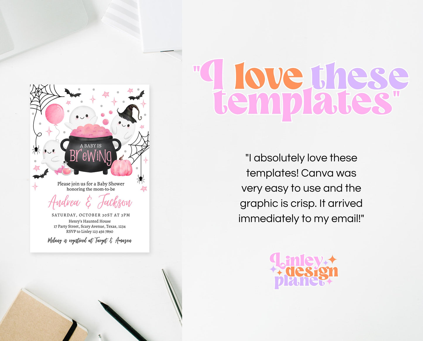 Editable A Baby Is Brewing Halloween Baby Shower Invitation Bundle, Pink Halloween Baby Shower Invite, Girl Baby Shower, Printable, HBSC08