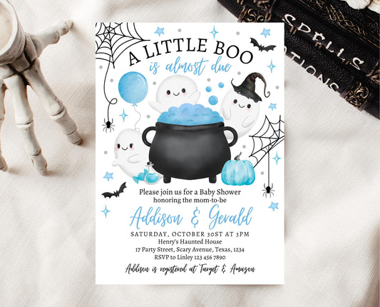 Editable Little Boo Baby Shower Invitation, Boy Ghost Baby Shower Invitation, Blue Halloween Invitation, Witch Baby Shower Invite, HBSC09